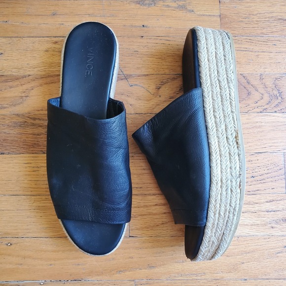 Vince Solana Black Leather Platform Espadrille 9M Open Toe Slide On Minimalist - Picture 1 of 13